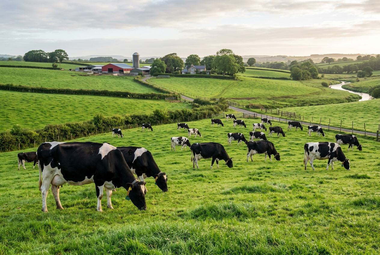Dairy cattle on green farmland